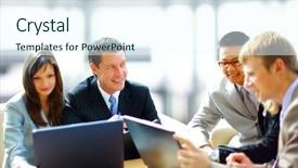  Presentation with project manager meeting - Presentation featuring business meeting - manager discussing work background and a cool aqua colored foreground