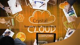  Presentation with meeting table - PPT theme with business meeting against wooden table background and a gold colored foreground