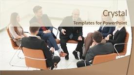  Presentation with answers business - Presentation theme having business meeting answering a question background and a  colored foreground