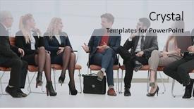  Presentation with speaker - Cool new PPT theme with business meeting answering question backdrop and a light gray colored foreground