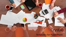  Presentation with meeting table - Beautiful presentation design featuring business meeting at the table top view backdrop and a red colored foreground