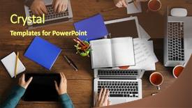  Presentation with meeting table - Slide deck consisting of business meeting at the table top view background and a tawny brown colored foreground