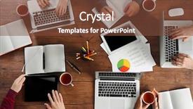  Presentation with meeting table - Slide deck featuring business meeting at the table top view background and a tawny brown colored foreground