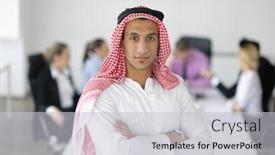 Presentation with bright ideas - PPT theme featuring business meeting - handsome young arabic man presenting his ideas to colleagues and listening for ideas for success investments at bright modern office room background and a light gray colored foreground
