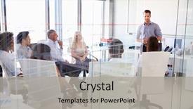  Presentation with office - Slide set consisting of business meeting in a modern background and a light gray colored foreground