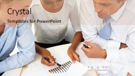  Presentation with business people moving gear - Slide deck featuring business meeting in an office background and a coral colored foreground