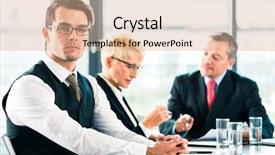  Presentation with team meeting - Amazing PPT theme having business-meeting-in-office backdrop and a coral colored foreground