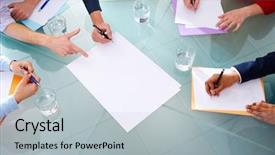  Presentation with old paper pen rolls - Amazing slide set having business meeting teamwork aerial table backdrop and a light gray colored foreground