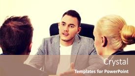  Presentation with people talking - PPT layouts consisting of business meeting-three people sitting background and a coral colored foreground