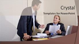  Presentation with working together - Presentation theme with business meeting - two businessmen in suits working together in boardroom background and a soft green colored foreground