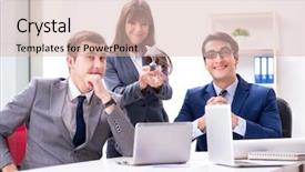  Presentation with monthly meeting - Beautiful PPT theme featuring business meeting with employees backdrop and a lemonade colored foreground