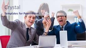  Presentation with employees - Colorful slide set enhanced with business meeting with employees backdrop and a sky blue colored foreground