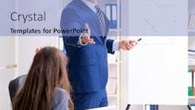  Presentation with employees - Slide deck with business meeting with employees in the office background and a light blue colored foreground