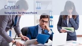  Presentation with employees - Cool new PPT layouts with business meeting with employees in the office backdrop and a sky blue colored foreground