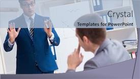  Presentation with employees - Presentation design enhanced with business meeting with employees in the office background and a light blue colored foreground