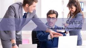  Presentation with employees - Presentation theme featuring business-meeting-with-employees background and a coral colored foreground