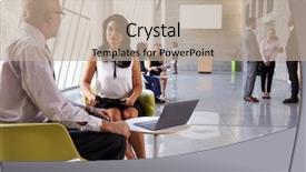  Presentation with meetings - Slide set having business meetings in busy office foyer area background and a mint green colored foreground