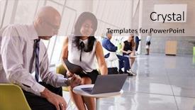  Presentation with meetings - Amazing presentation theme having business meetings in busy office foyer area backdrop and a soft green colored foreground