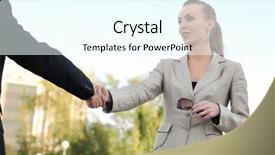  Presentation with women meeting - Audience pleasing PPT theme consisting of business men and women shaking hands on a light background meeting backdrop and a cool aqua colored foreground