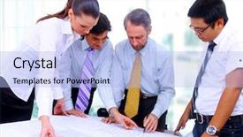  Presentation with business women - Audience pleasing presentation theme consisting of business men and women working on blue prints backdrop and a light blue colored foreground