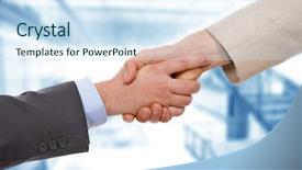  Presentation with hand shake - Beautiful PPT theme featuring business men hand shake backdrop and a  colored foreground