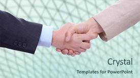  Presentation with handshake - Audience pleasing slides consisting of business men in a handshake backdrop and a sky blue colored foreground