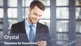  Presentation with phone - Amazing slide set having business men standing - businessman smiling while looking backdrop and a ocean colored foreground