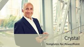  Presentation with hands holding black tablet - PPT layouts enhanced with business men standing - serious businessman holding tablet pc background and a soft green colored foreground