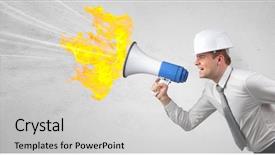  Presentation with hypertension in young - Slide deck having business metrics - young architect constructor yelling background and a  colored foreground