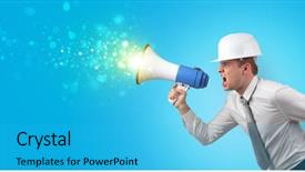  Presentation with sounds - Presentation design having business metrics - young architect constructor yelling background and a cyan colored foreground