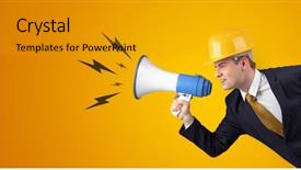  Presentation with yelling - Cool new presentation design with business metrics - young architect constructor yelling backdrop and a gold colored foreground