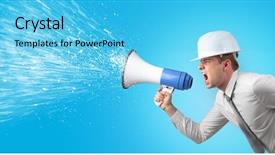  Presentation with sounds - PPT theme with business metrics - young architect constructor yelling background and a cyan colored foreground