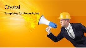  Presentation with yelling - Presentation featuring business metrics - young architect constructor yelling background and a yellow colored foreground