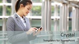  Presentation with office - Amazing slides having business mobility - hispanic businesswoman outside office backdrop and a light gray colored foreground