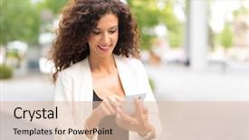  Presentation with mobile phone in woman hand - Cool new slides with business mobility - smiling woman using her mobile backdrop and a lemonade colored foreground