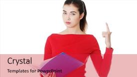  Presentation with files - Beautiful slide set featuring business model elearning - woman standing with files backdrop and a  colored foreground