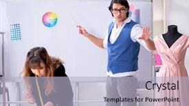  Presentation with female male symbol - Cool new presentation with business model elearning - young male tailor teaching female backdrop and a light blue colored foreground