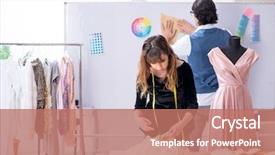  Presentation with female male symbol - Audience pleasing PPT theme consisting of business model elearning - young male tailor teaching female backdrop and a  colored foreground