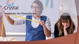  Presentation with workshop - Presentation with business model elearning - young tailors working in workshop background and a  colored foreground