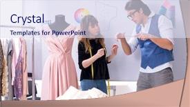  Presentation with radio workshop - Audience pleasing presentation consisting of business model elearning - young tailors working in workshop backdrop and a  colored foreground