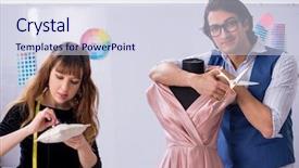  Presentation with young students working in groups - Presentation theme featuring business model elearning - young tailors working in workshop background and a  colored foreground