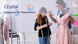  Presentation with tape recorder workshop - Presentation enhanced with business model elearning - young tailors working in workshop background and a  colored foreground