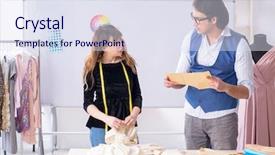  Presentation with workshop - Beautiful presentation featuring business model elearning - young tailors working in workshop backdrop and a  colored foreground