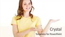  Presentation with happy smiling woman dental health - Presentation theme with business model presentation - happy excited young woman presenting background and a lemonade colored foreground