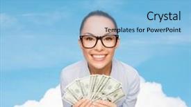  Presentation with banking - PPT theme enhanced with business money and banking concept - smiling businesswoman in eyeglasses with dollar cash money background and a light blue colored foreground