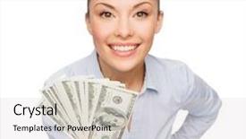  Presentation with banking - Presentation design with business money and banking concept - smiling businesswoman with dollar cash money background and a light gray colored foreground
