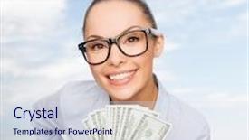  Presentation with banking - Cool new theme with business money nature and banking concept - smiling businesswoman in eyeglasses with dollar cash money backdrop and a sky blue colored foreground