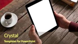  Presentation with coffee cup - Cool new slide set with business monitor - digital tablet computer with isolated backdrop and a tawny brown colored foreground