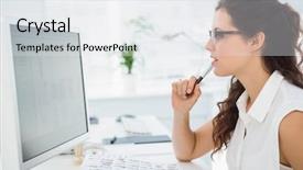 Presentation with monitor computer - Amazing PPT theme having business monitor - focused businesswoman with glasses using backdrop and a  colored foreground