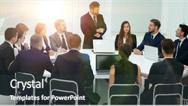  Presentation with round table - PPT layouts with business negotiations at the round background and a dark gray colored foreground